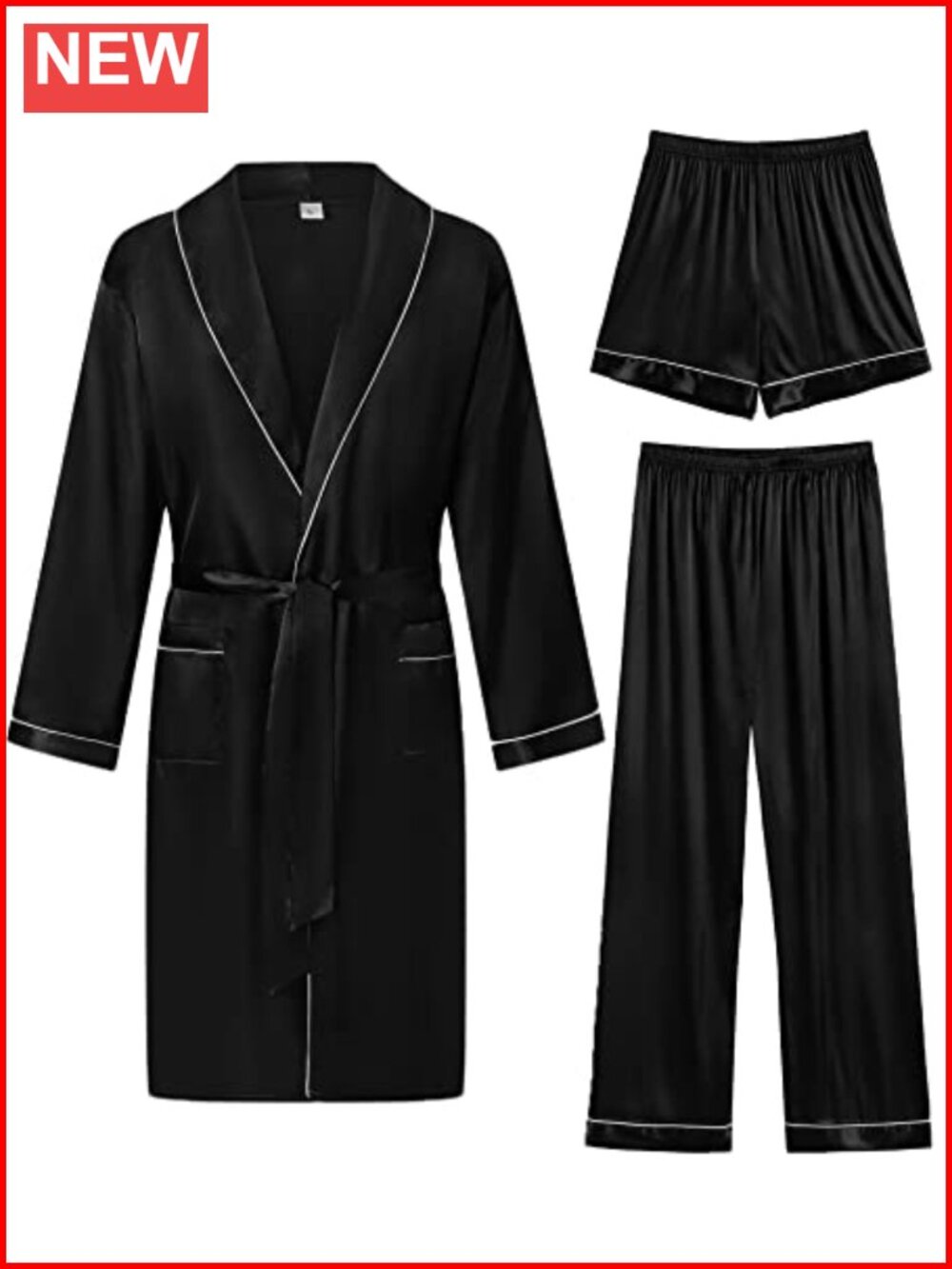 SWOMOG Satin Robe 3 Pcs Silky Kimono Bathrobe Set Lightweight Lounge